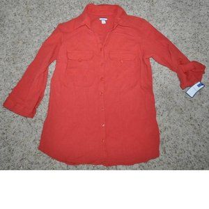 Womens Shirt Button Up Orange Small 3/4 Sleeve Collared Pocket Croft & Barrow